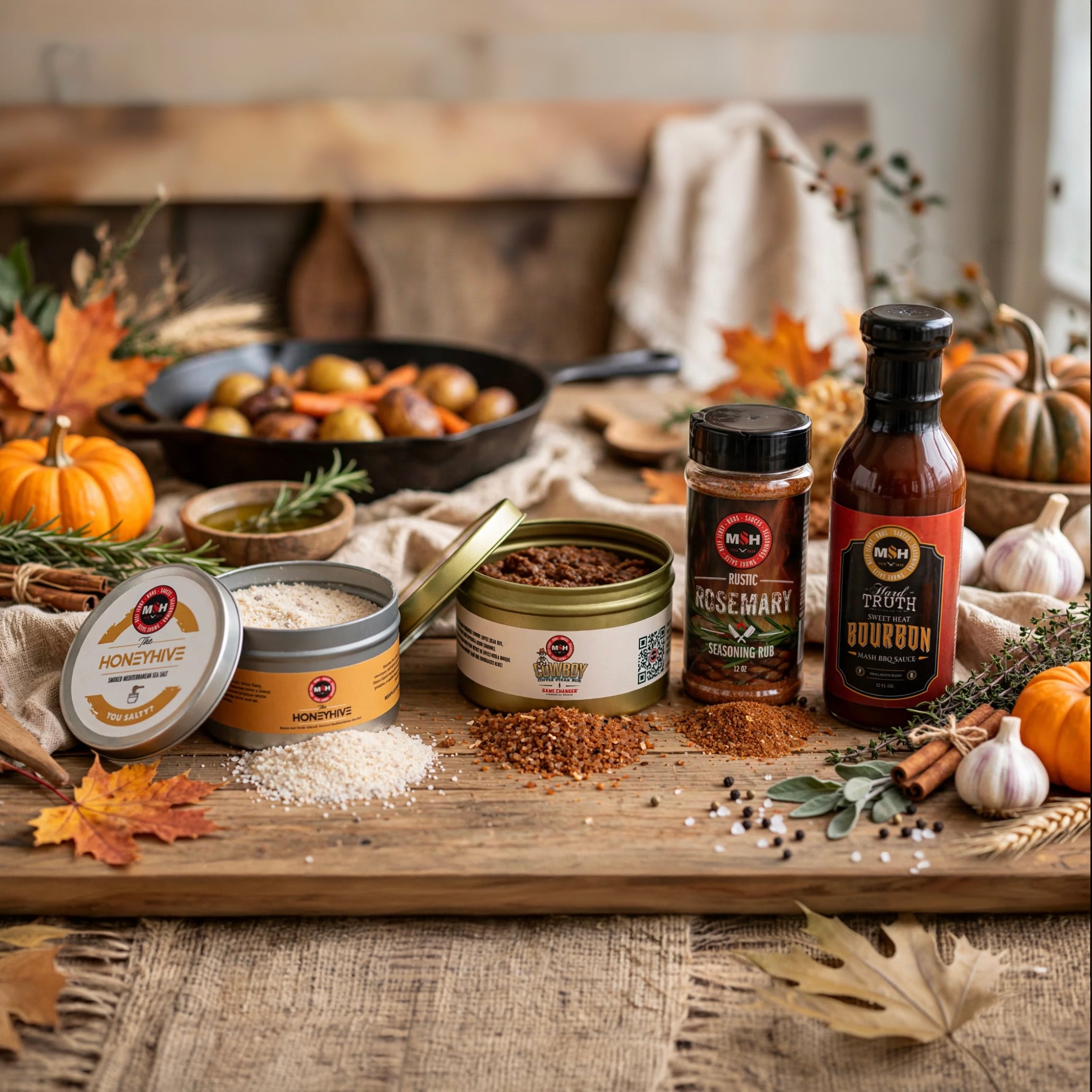 The Smoke & Harvest Fall Bundle: Cowboy Coffee Steak Rub, Rustic Rosemary, HoneyHIVE Smoked Salt and Hard Truth Sweet Heat Bourbon Mash BBQ Sauce on a rustic fall harvest table